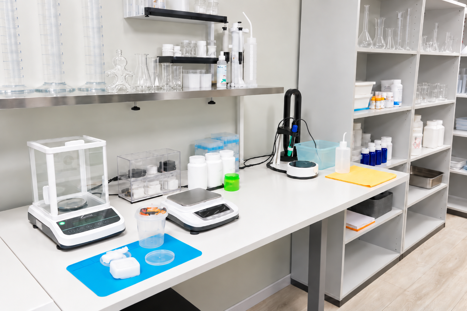 Laboratory equipment and samples on a workbench